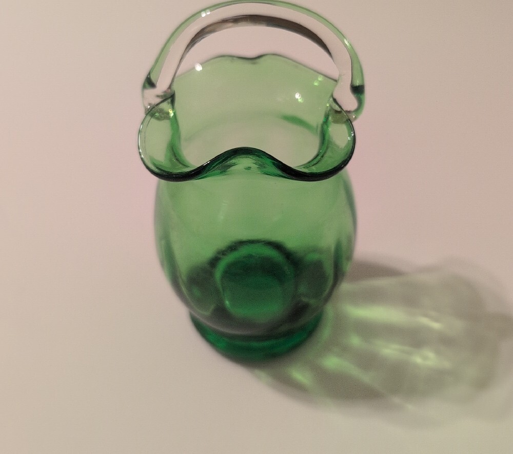 Green Pilgrim Glass Ruffled Rim Pitcher with Clear Handle - Picture 2 of 13